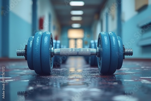 dumbbells in the gym on the floor, the concept of proper nutrition and fitness, a place for the inscription