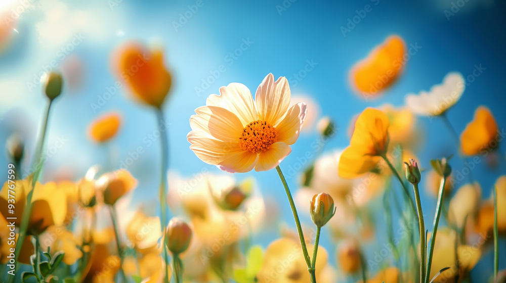 field of yellow and white cosmos flowers, with the sun shining brightly in the background. The sky is clear blue with few clouds visible field of yellow and white cosmos flowers, with the sun shining brightly in the background. The sky is clear blue with few clouds visible