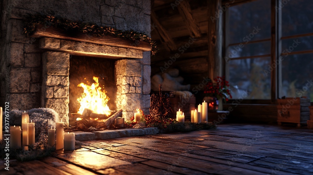 Cozy Fireplace with Burning Fire and Candles in a Rustic Cabin Cozy Fireplace with Burning Fire and Candles in a Rustic Cabin