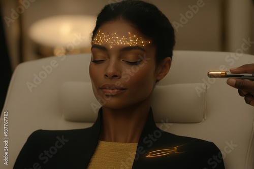 A serene woman meditates with illuminated neural pathways around her head signifying mindfulness mental clarity and the mind body connection in a tranquil setting