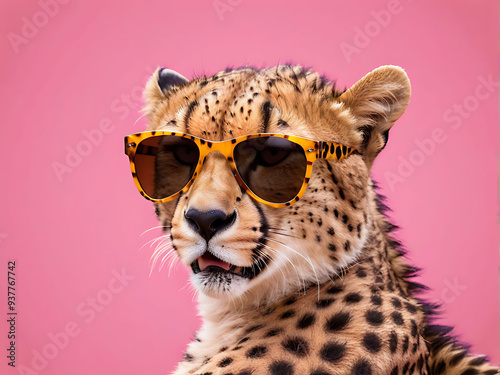 Cool Cheetah in Stylish Sunglasses Relaxing on a Solid Color Background | Playful and Trendy Animal Fashion Illustration photo