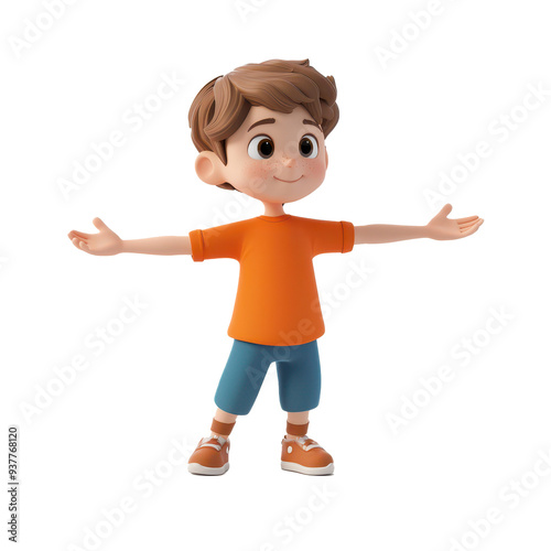 Cheerful cartoon boy with brown hair wearing an orange shirt and blue shorts, arms open wide, expressing happiness and joy.