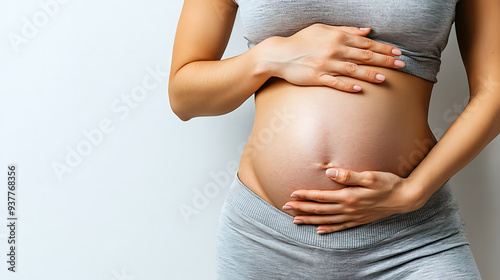 A woman is showing her flabby belly. A pregnant woman. Closeup. Generative AI illustration 