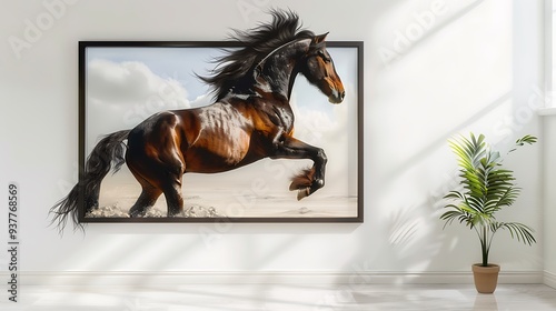 Create a hand-made painting of a majestic stallion rearing up, displayed on a bright, airy wall with a minimalist frame mockup. generative ai