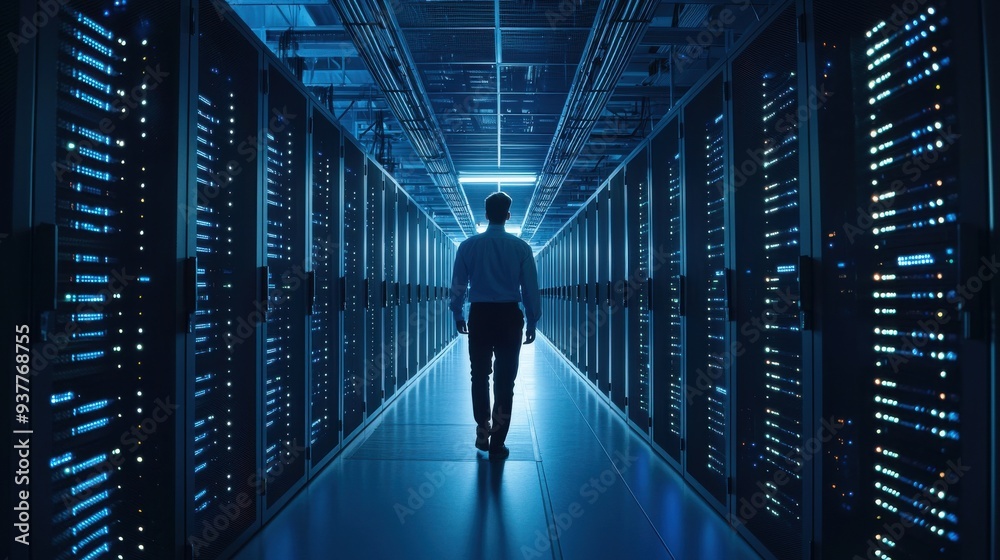 A high-tech data center with rows of servers processing vast amounts of data, with blinking lights indicating constant activity, and engineers monitoring the systems in real-time, emphasizing the A high-tech data center with rows of servers processing vast amounts of data, with blinking lights indicating constant activity, and engineers monitoring the systems in real-time, emphasizing the