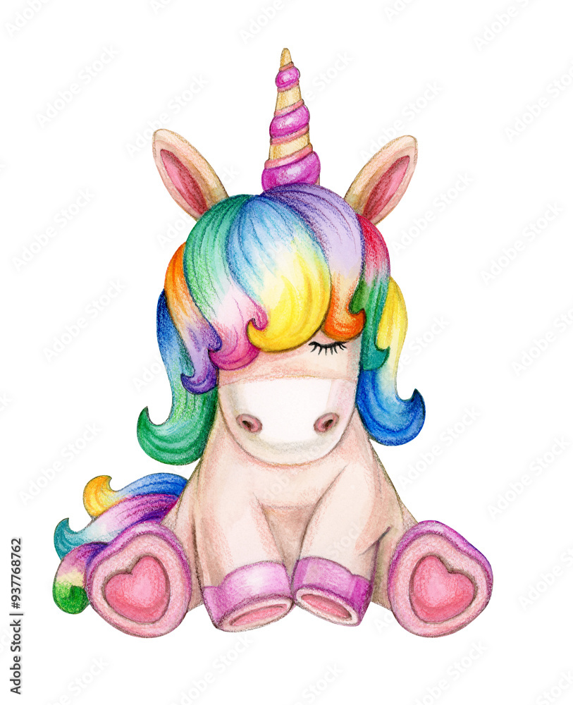 Fototapeta premium Cute sitting unicorn cartoon, isolated on white.