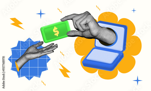 Modern Design halftone collage, hand holding green dollar for online transaction from laptop to other hand. Ideal for content about e-commerce, online payment or digital financial services
