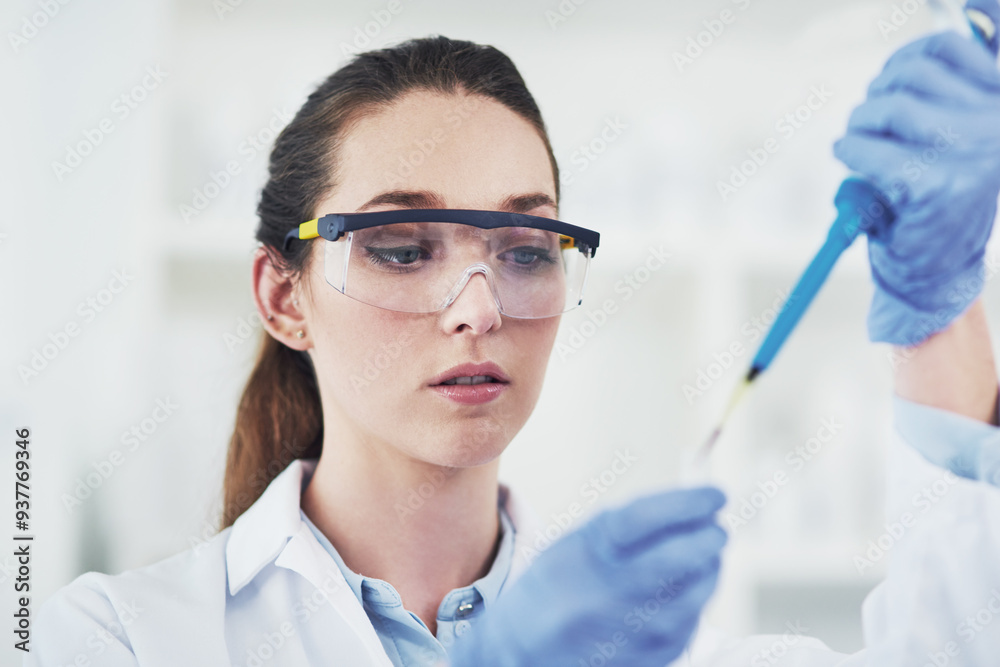 Woman, scientist and chemical on pipette or test tube for medical research, investigation and development at lab. Female person, professional and vial with science study, chemistry and cure discovery Woman, scientist and chemical on pipette or test tube for medical research, investigation and development at lab. Female person, professional and vial with science study, chemistry and cure discovery