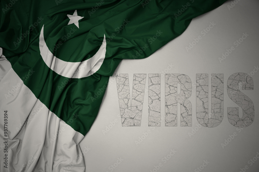 waving colorful national flag of pakistan on a gray background with text virus . waving colorful national flag of pakistan on a gray background with text virus .