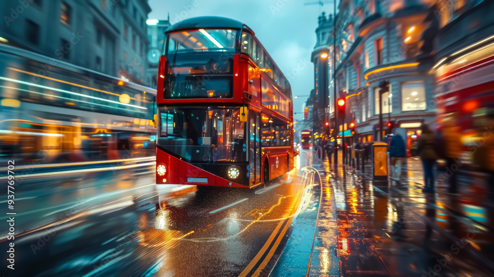 Obraz premium A red double-decker bus navigates a rainy city street, its lights reflecting on the wet pavement, capturing the vibrant energy of urban life at dusk.
