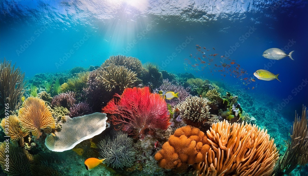 Naklejka premium Colorful coral reef teeming with marine life.