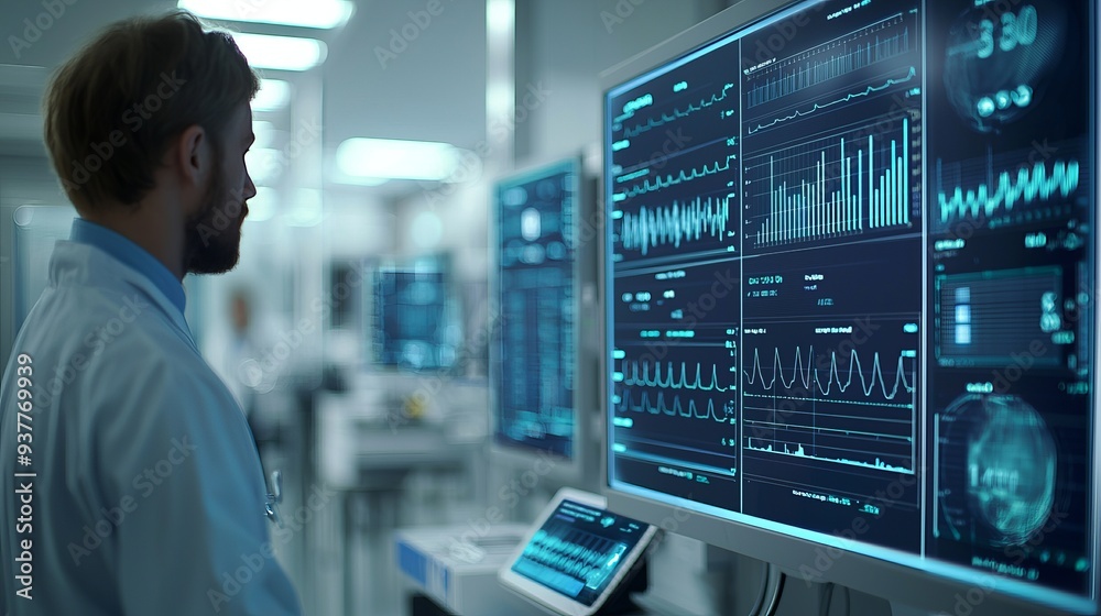 A healthcare professional analyzes data on advanced medical screens in a modern hospital environment, highlighting technology's impact. A healthcare professional analyzes data on advanced medical screens in a modern hospital environment, highlighting technology's impact.