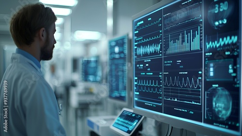 A healthcare professional analyzes data on advanced medical screens in a modern hospital environment, highlighting technology's impact.