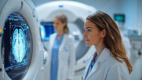 A healthcare professional analyzes medical imaging in a modern clinic, showcasing advanced technology and focused expertise.