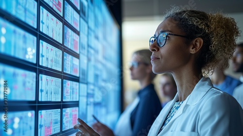 Focused healthcare professional analyzing data on a digital screen in a modern medical environment.