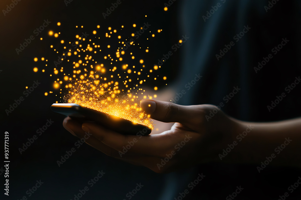 A glowing smartphone held in hand, emitting magical sparks, symbolizing technology and innovation in a dark setting. A glowing smartphone held in hand, emitting magical sparks, symbolizing technology and innovation in a dark setting.
