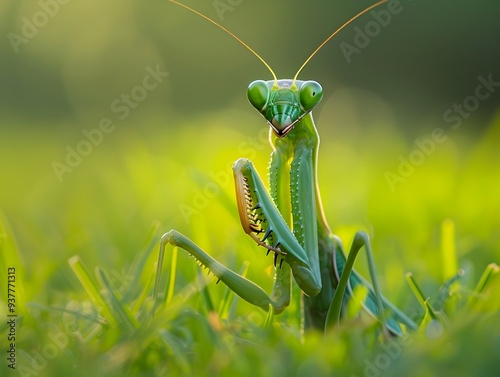 Praying Mantis Camouflaged in Lush Grass Blending Seamlessly with the Natural Environment