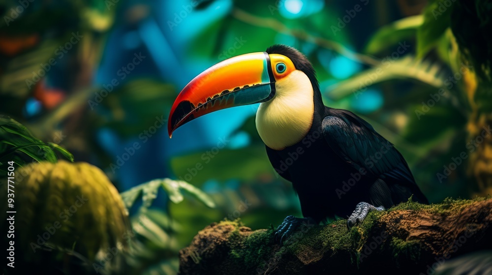 Keel billed Toucan, bird with big bill sitting on the branch in the forest. Neural network ai generated art Keel billed Toucan, bird with big bill sitting on the branch in the forest. Neural network ai generated art