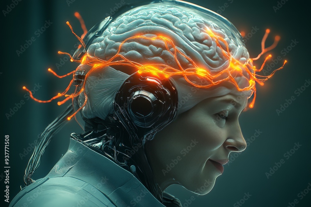 Obraz premium Futuristic cyborg with glowing brain circuits symbolizing the integration of human intelligence with artificial intelligence and the future of cognitive enhancement through technology
