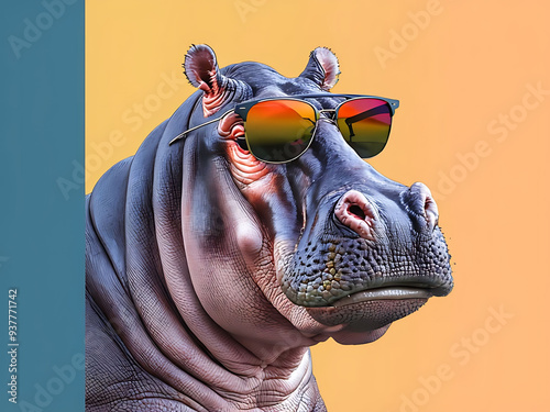 Cool Hippo in Stylish Sunglasses Relaxing on a Bold Solid Color Background, Capturing Whimsical Summer Vibes photo