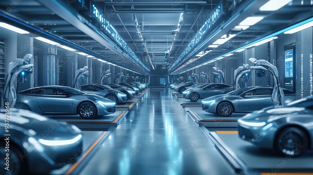 Obraz premium Self-Parking Cars in High-Tech Underground Garage with Charging Facilities