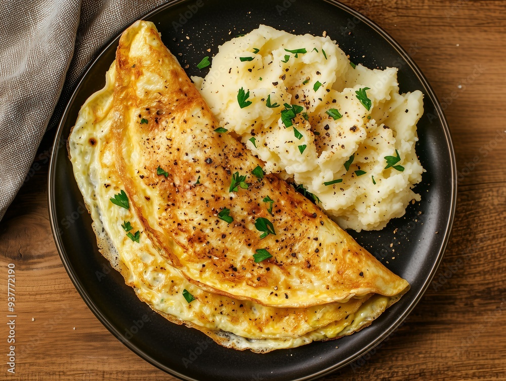Photo Of A Seasoned Omelette With Mashed Potatoes On A Plate, Rustic Wooden Table, Perfect For Family Meal Planning And Casual Dining Concepts