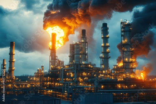 Dramatic oil refinery at dawn with smoke and flames, cinematic industrial scene