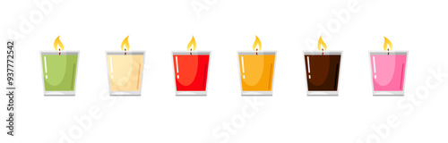 Candles with fire in glass cups. Aroma wax with burning flame for spa, relax, wedding, romantic date on Valentines day, cozy home interior. Vector cartoon illustrations isolated on white background