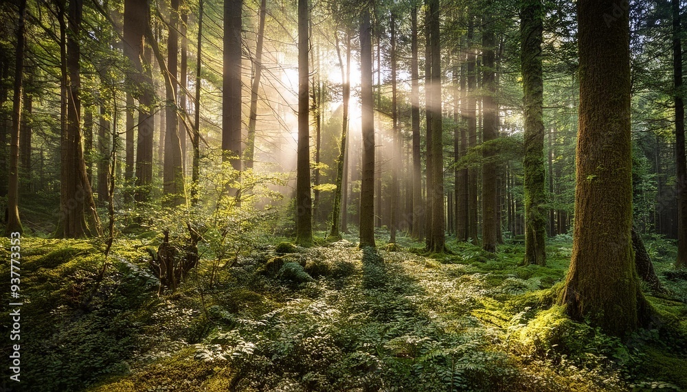 Obraz premium A tranquil forest with sunlight filtering through tall trees.