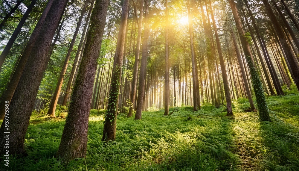 Fototapeta premium A tranquil forest with sunlight filtering through tall trees.