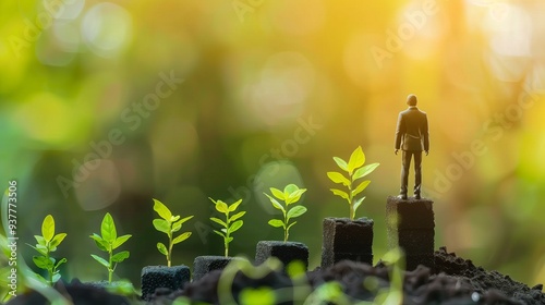 miniature businessman standing on top of black soil with green plants growing beside, business development concept, copy space