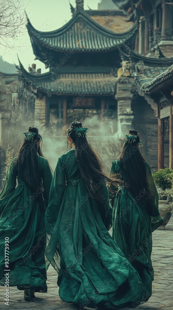 Several Women in Green Dresses Walking in a Courtyard Several Women in Green Dresses Walking in a Courtyard