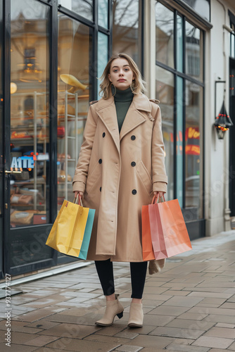 The Effects of Shopping on Mental Health. Understanding Compulsive Shopping Disorder. Shopaholic woman after multiple purchases in shopping bags outdoors
 photo