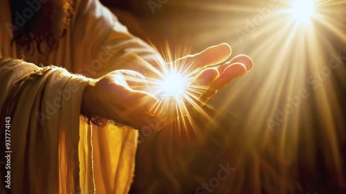 Jesus Hand Reaching in Rays of Holy Light with Divine Spiritual Illumination, Faith and Hope Concept 4k New Stock video footage