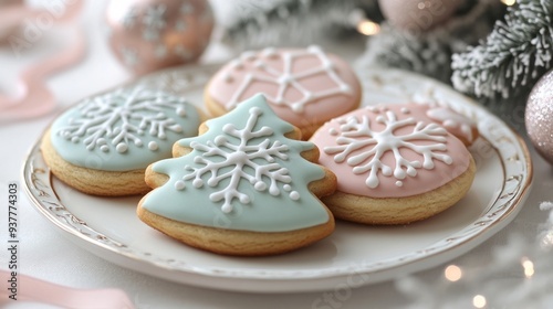 Festive Christmas Cookies with Colorful Icing on Snowy Background