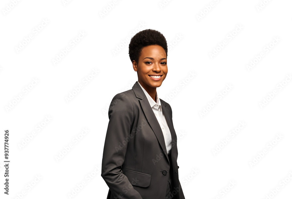 A professional headshot of a smiling young African American woman in a suit, isolated against a transparent background. A professional headshot of a smiling young African American woman in a suit, isolated against a transparent background.