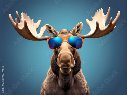 Moose Wearing Sunglasses on a Solid Color Background, Stylish and Cool Moose in Sunglasses