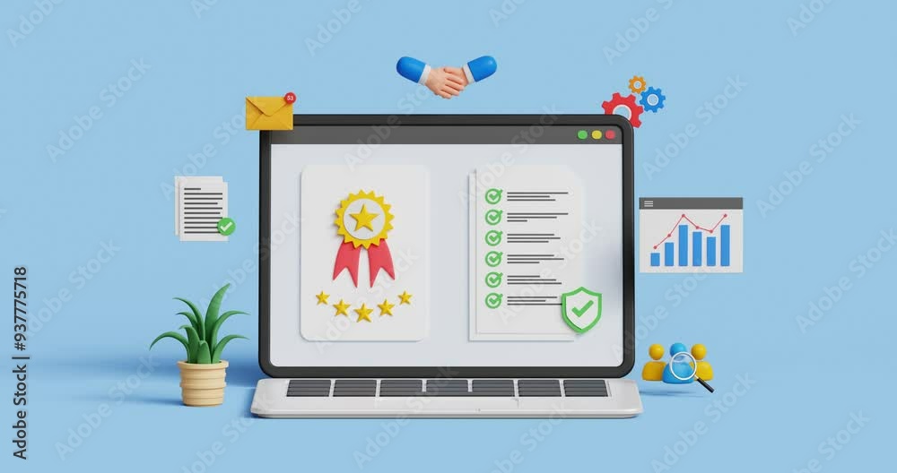 ISO standards quality assurance. High quality approval, customer satisfaction, positive feedback. 3D laptop with 5 star quality badge and certified note. 4k 3d animation. Trim first 3 sec for loop ISO standards quality assurance. High quality approval, customer satisfaction, positive feedback. 3D laptop with 5 star quality badge and certified note. 4k 3d animation. Trim first 3 sec for loop