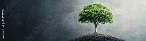 A solitary tree stands tall on a mound, symbolizing growth, resilience, and the beauty of nature against a textured background. photo