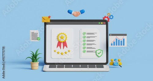 ISO standards quality assurance. High quality approval, customer satisfaction, positive feedback. 3D laptop with 5 star quality badge and certified note. 4k 3d animation. Trim first 3 sec for loop