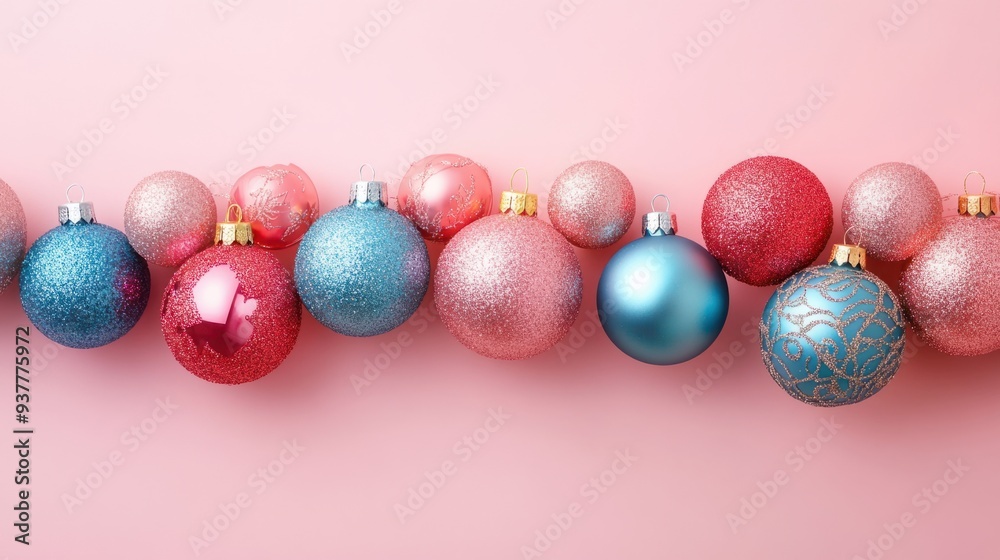 Elegant Christmas Garland with Pastel Baubles on Soft Background Elegant Christmas Garland with Pastel Baubles on Soft Background