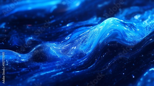 Abstract Blue Liquid Flowing in the Dark - A close-up view of a blue liquid flowing and swirling, creating a dynamic and abstract image. The liquid is illuminated from below, casting a shimmering effe photo