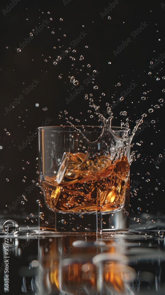 A glass of whiskey with ice cubes in it is splashing water all over the table A glass of whiskey with ice cubes in it is splashing water all over the table