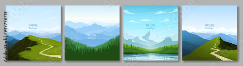 A collection of posters on the mountain theme. Alpine peaks and rocks, a path in the mountains, a panoramic view of the mountains. The concept of tourism, hiking, active recreation in the mountains.