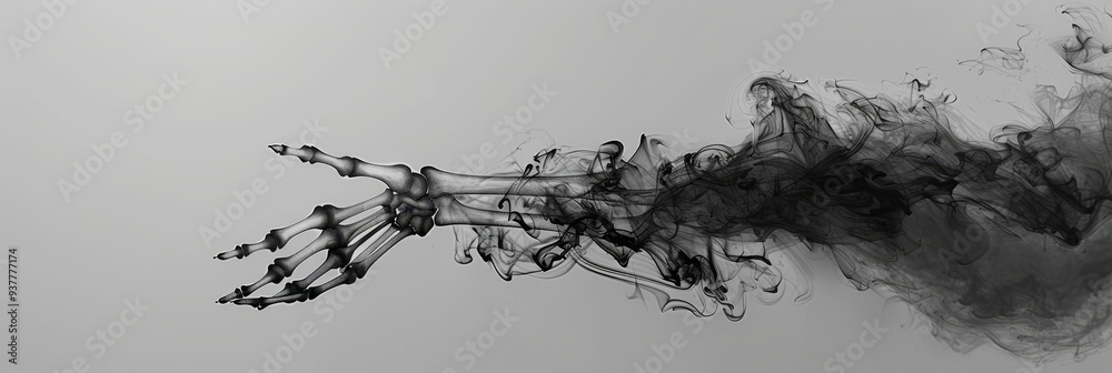 Fototapeta premium Abstract Smoke Skeleton Hand Reaching Out - A skeletal hand emerges from a swirling cloud of smoke, symbolizing the fragility of life, the transition from life to death, and the mystery of the unknown