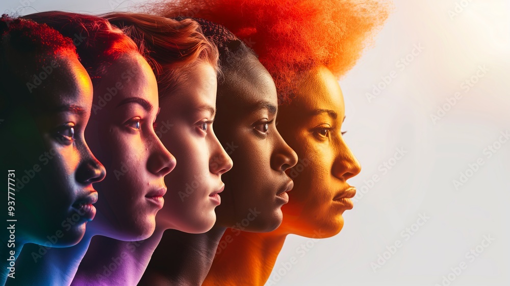 five women with different hair and skin tone, white background, diversity concept, copy space five women with different hair and skin tone, white background, diversity concept, copy space