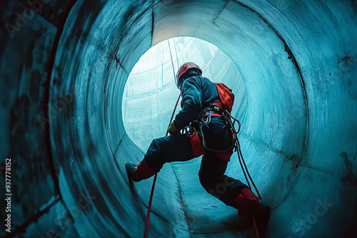 Climbing industrial worker in the H-150m 3m wide chimney
 photo