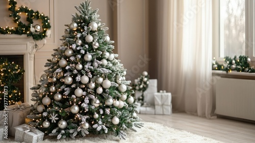 Enchanting Christmas Tree with Silver Ornaments on Pastel Background