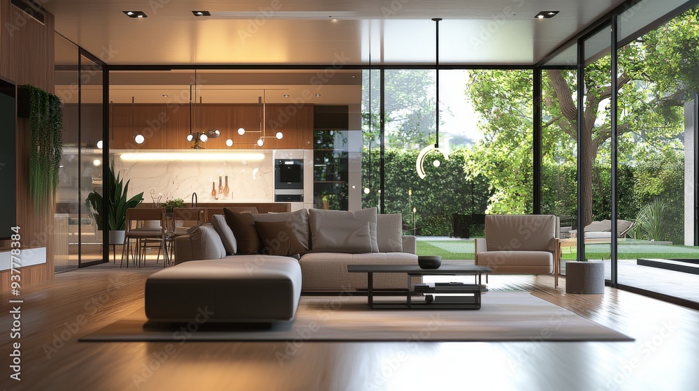 An IoT-enabled smart home with interconnected devices, automated lighting, and security systems, set in a modern, minimalist living space with a blend of natural and artificial lighting An IoT-enabled smart home with interconnected devices, automated lighting, and security systems, set in a modern, minimalist living space with a blend of natural and artificial lighting