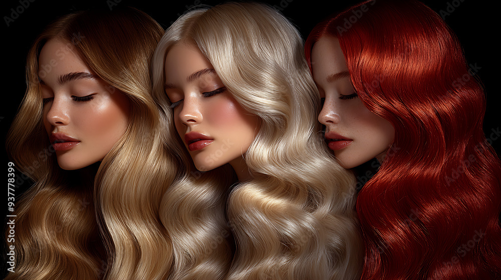 The image shows three different hair color swatches from blonde to red, which may be relevant for demonstrating hair color results or for beauty-related contexts The image shows three different hair color swatches from blonde to red, which may be relevant for demonstrating hair color results or for beauty-related contexts